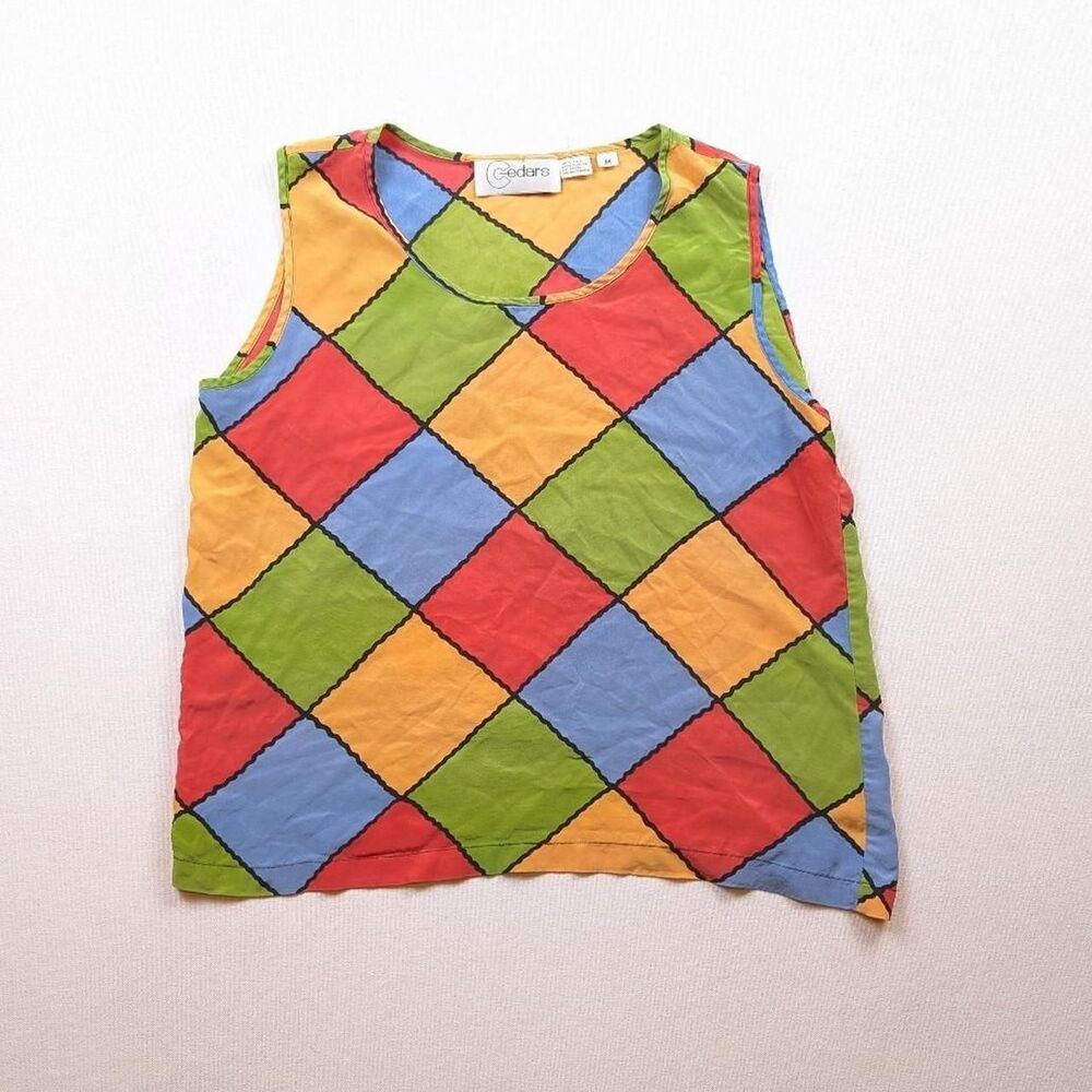 Vintage Silk Tank Top Geometric Abstract Art Colorful Top Cedars Brand Sz M